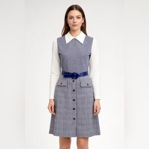 Vintage 1960s Whitehall Blue Houndstooth Dress w Belt academia officewear church
